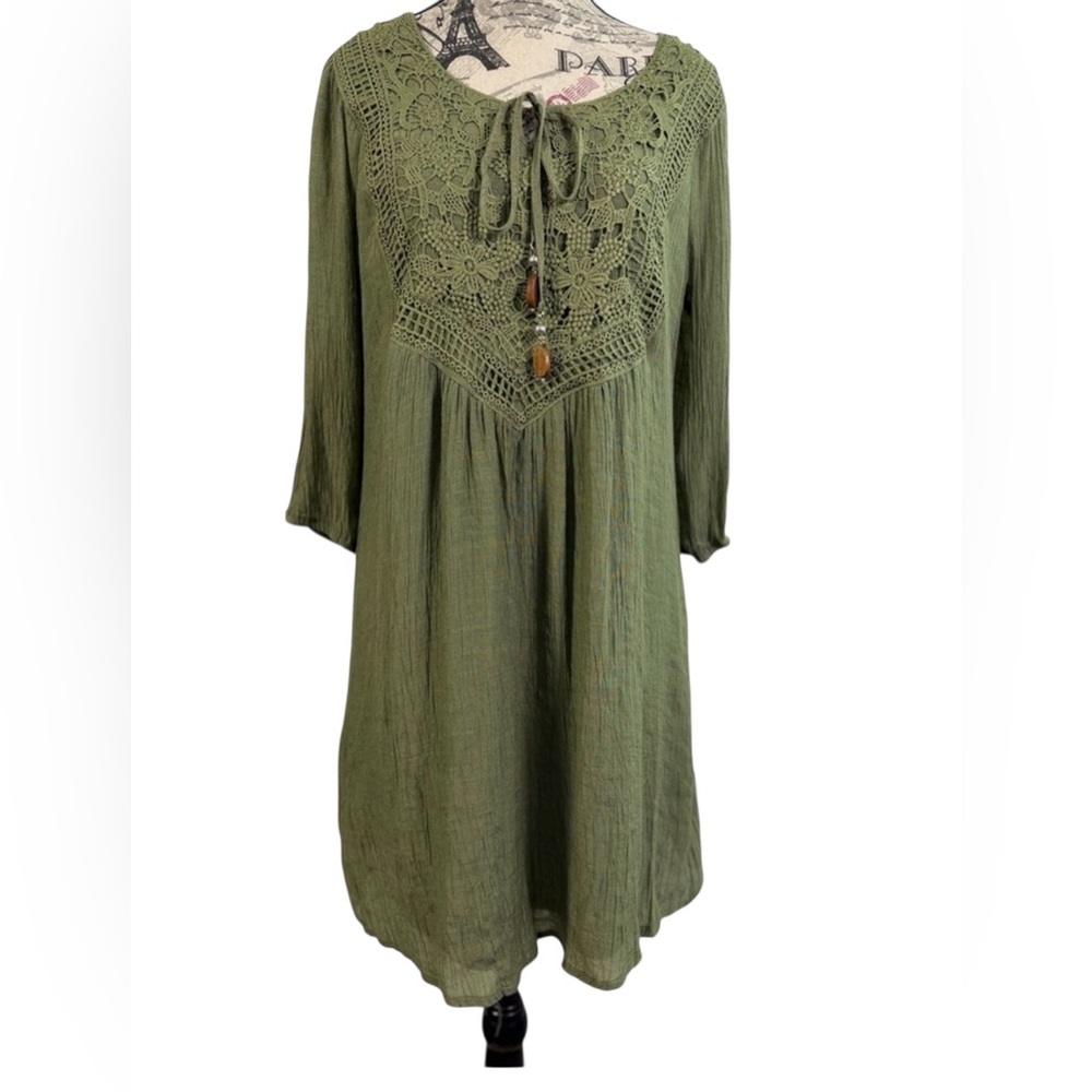 Indigo Rose Bohemian/Crochet Lace/Olive Green/Wooden Front Tie Dress Size M